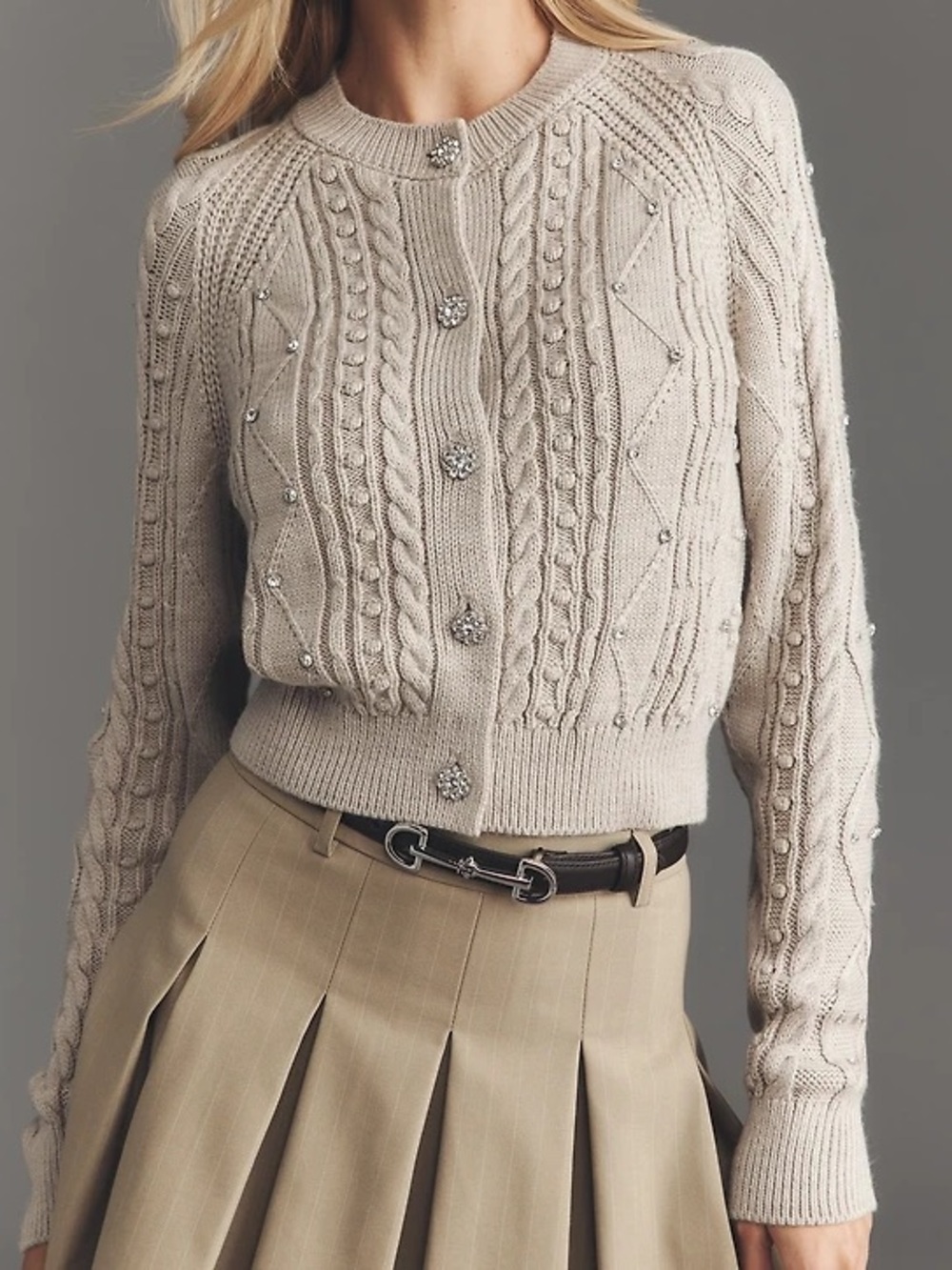 Maeve Gem-Embellished Cable-Knit Cardigan Sweater